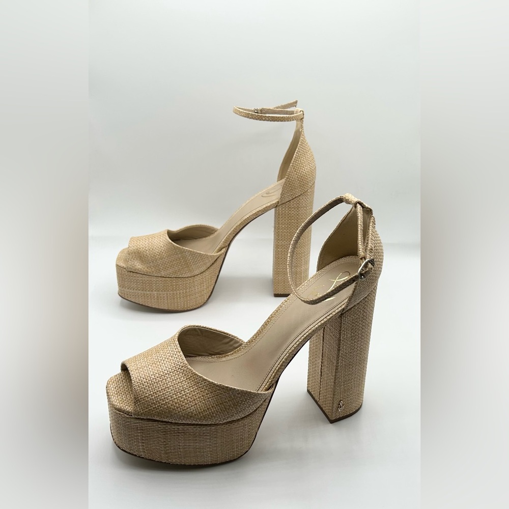Sam Edelman New Tan Raffia Woven Chunky Platform Peep Toe Heels Women’s Size 11